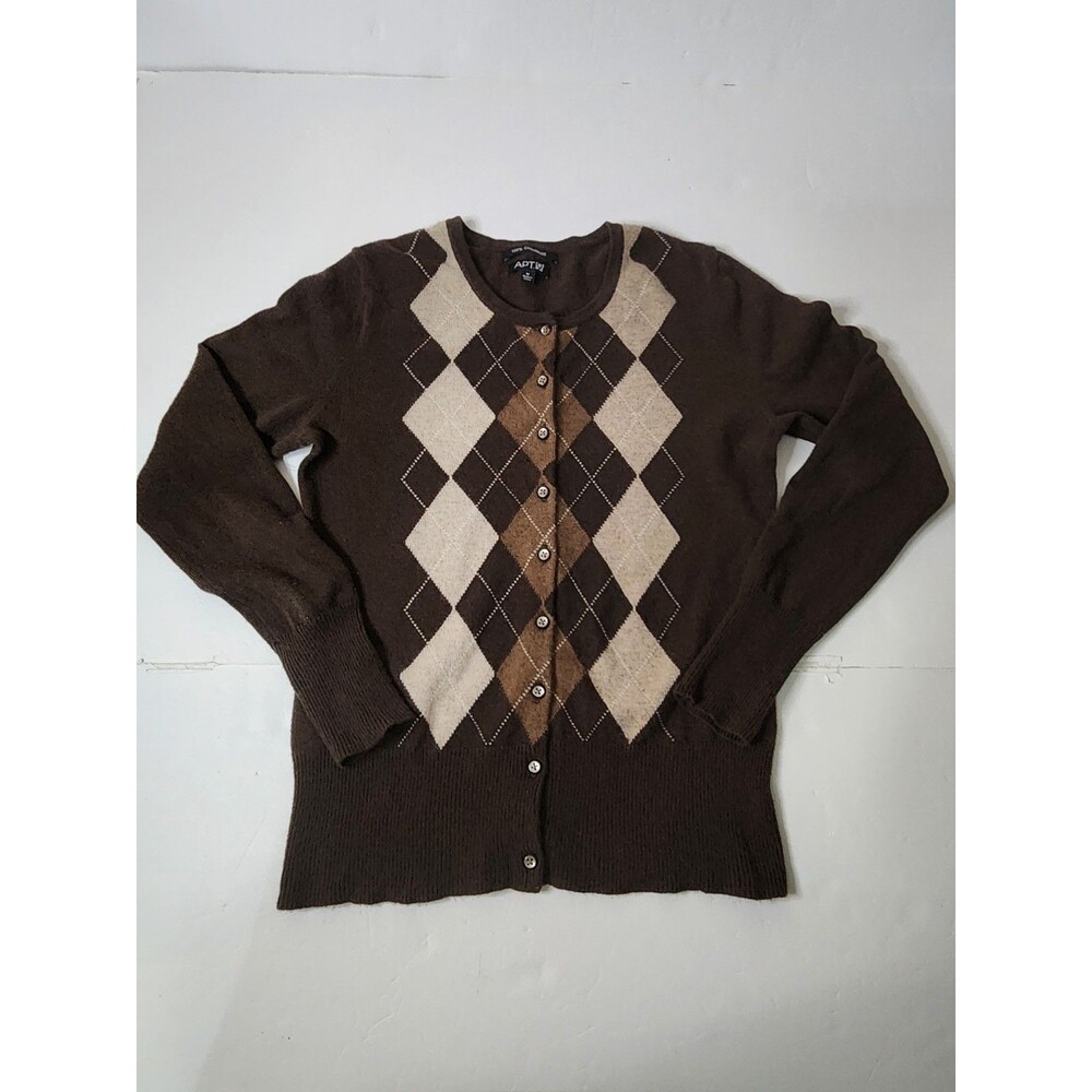 Apt 9 Cardigan Sweater Womens Medium Brown & Tan Argyle Cashmere Preppy Academia